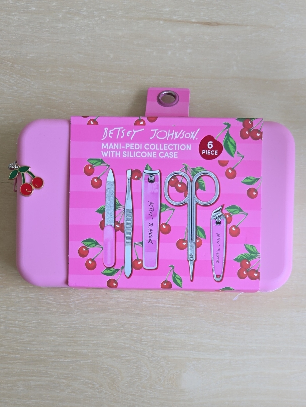 Betsey Johnson Pink Cherry Mani-Pedi Set with Silicon Case And Cherry Charm NEW